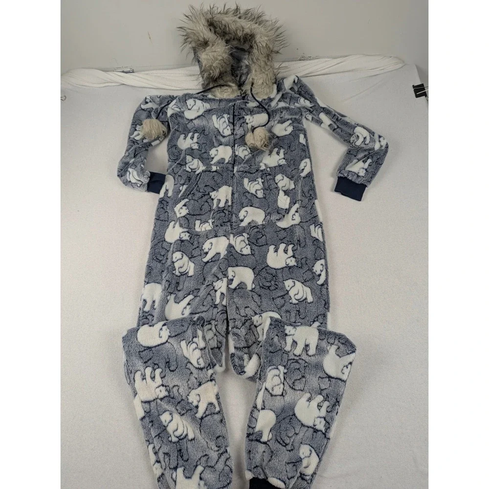 Hooded Pajamas Kids 4-6 Polar Bear Fleece Suit Secret Treasures Blue Faux Fur